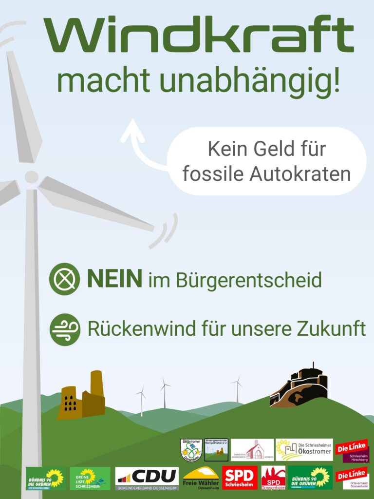 Plakat "Windkraft mach unabhängig, kein Geld für fossile Autokraten" 
NEIN im Bürgerentscheid
Rückenwind für unsere Zukunft
Unterschrieben von Fraktionen aus Dossenheim und Schriesheim: Bündnis 90 die Grünen, CDU, Freie Wähler, SPD, Die Linke und von den Organisationen  ÖKOstromer, und Energiewende Bergstraße